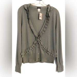 J. Crew ruffled button up cardigan. Size large. 100% Merino Wool. NWT. Gray/blue